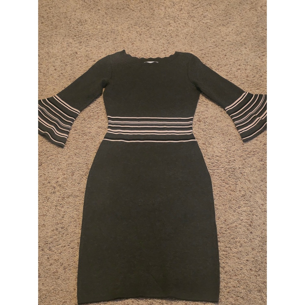 Danny and Nicole Olive Green Pink Striped Bell Sleeve Knit Sheath Dress